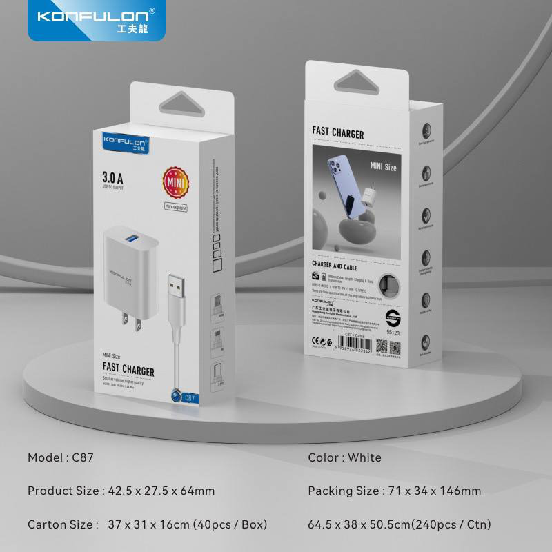 Kucni punjac KONFULON C87, 3A, 15W, sa iPhone lightning kablom white - Image 2