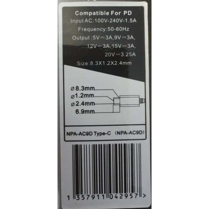 NPA-AC9D Gembird punjac za laptop 65W, kabl 2m USB-C, 5V/3A,9V/3A,12V ...