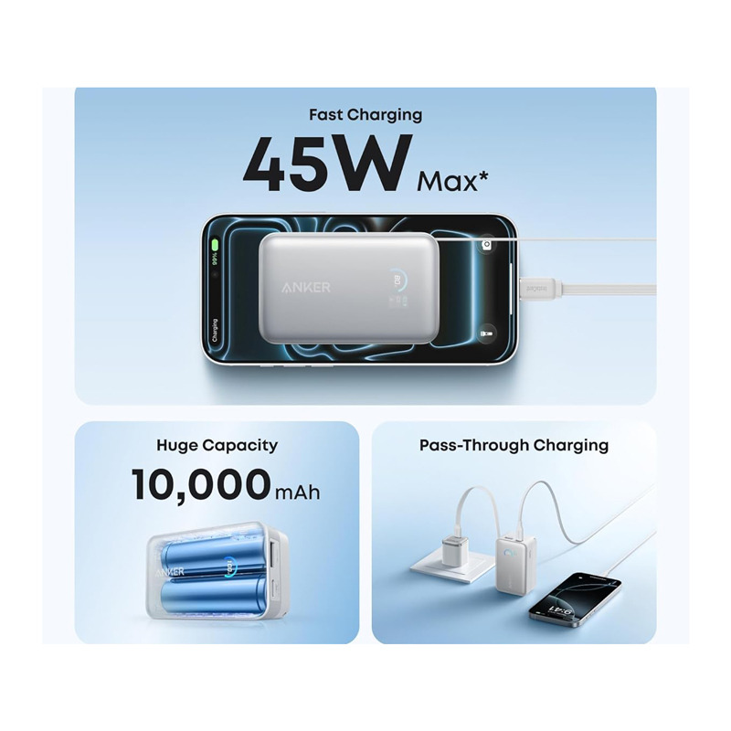 ANKER Nano 10000mAh, 45W, sa ugrađenim USB-C kablom na izvlačenje, Power Bank beli